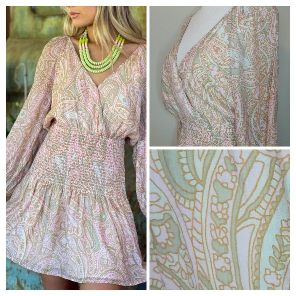 MINKPINK Sz M Catalina Mini Dress. Multicolor Pink Paisley Smocked Waist NWT
